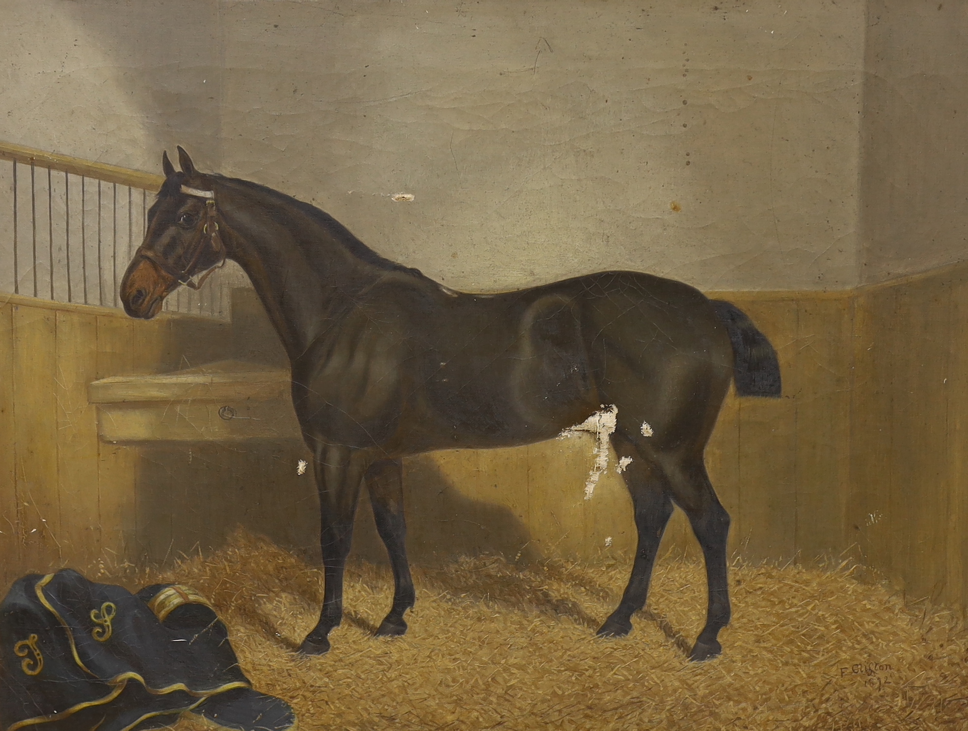 F. Clifton (19th century) oil on canvas, Study of a horse in a stable, signed and dated 1892, George Rowney & Co. London stamp verso, 60 x 45cm